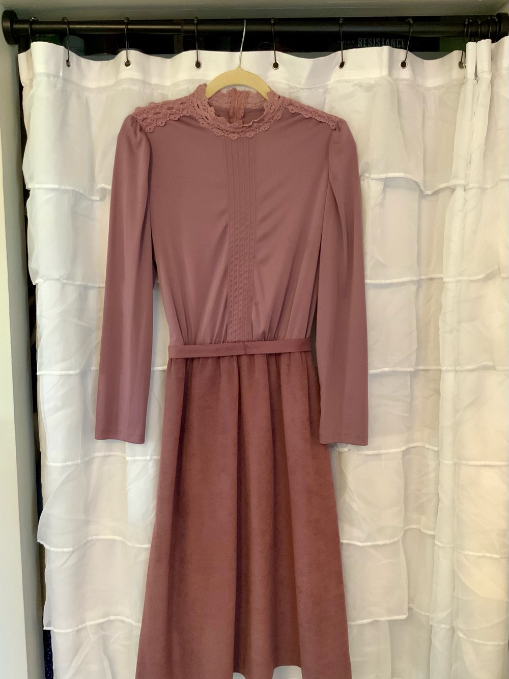 Vintage Long-Sleeve Purple Lace Yoke Midi Dress